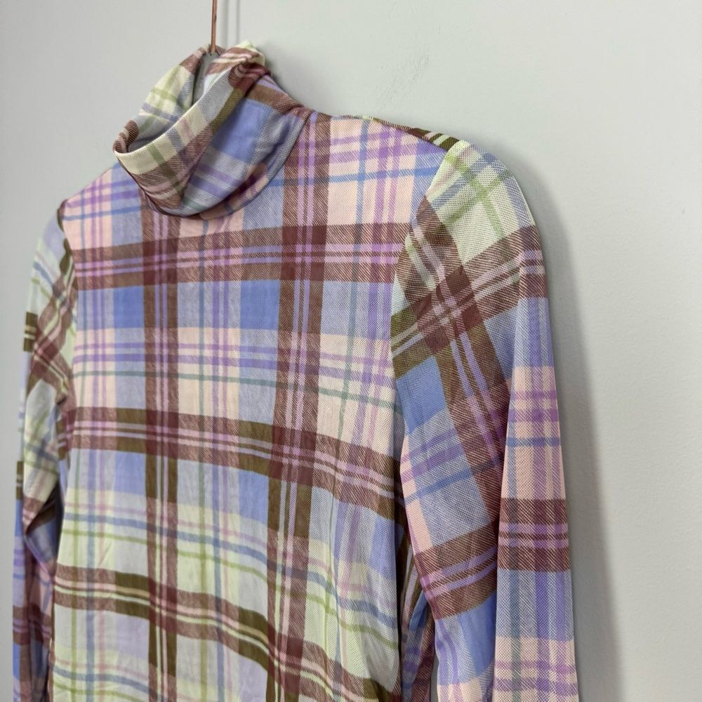 CINQ A SEPT | Plaid Turtleneck Long Sleeve Sheer Mesh Top Women’s Size Medium - Picture 2 of 7